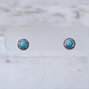 Stud Earrings Turquoise Tone with Silver Tone Halo 0.25" Dainty Stud Earrings